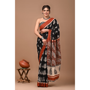 Printed Cotton Mulmul <b>Saree</b> With Running <b>Blouse</b> Lightweight & Elegant Soft Mulmul Cotton <b>Saree</b> - Comfortable Printed Daily Wear - Product Image 1