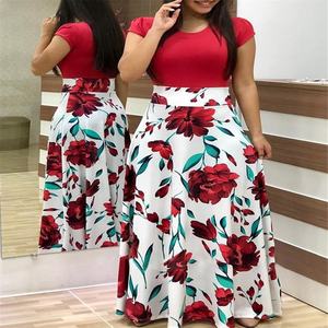 Plus-Size Cross-Border Populaire Style Européen Américain Imprimé Floral Color-Blocking Floor-Length pour les femmes à manches courtes - Product Image 1