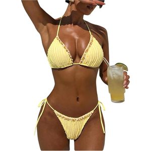 FOXA Ensemble bikini 2 pièces pour femme, haut texturé perlé à nouer, bas string, maillot de bain, tenue de plage estivale - Product Image 1