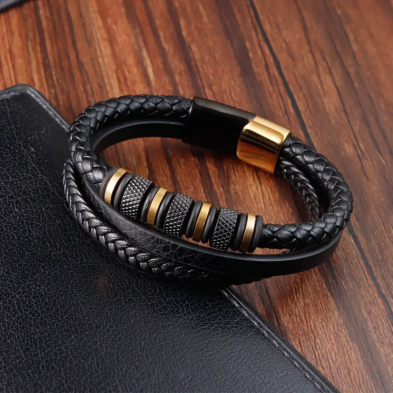 Brazalete de cuero genuino de varias capas con imán italiano para hombre, pulsera de cadena tejida chapada en oro