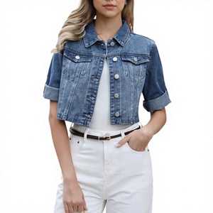 Veste en jean courte sur mesure pour femme, à manches longues, boutonnée, unie, respirante, vente en gros - Product Image 2