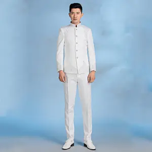 时尚高品质白色男士套装立领男士中式男士套装