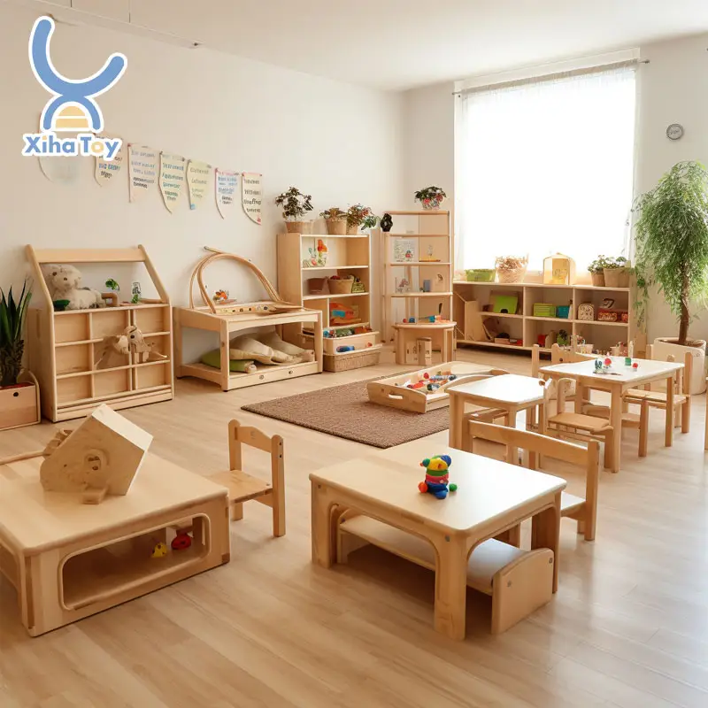 XIHA Daycare Childcare Center Kids Nursery School Preschool Furniture Sets Kindergarten Wood Montessori Read Writing Table Chair