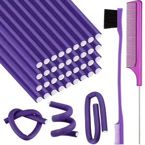 Custom Color/Size Flexible Curling Rods Set No Heat Soft Foam Hair Curlers Rollers with Control Hair Brush Rat Tail Comb