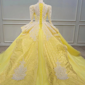 ชุดแต่งงานทรงบอลกาวน์สีเหลืองหรูหรา ผ้าซีทรูหลายชั้น พร้อมชายกระโปรงยาว ไซส์พลัส รุ่น Wn029 - Product Image 3