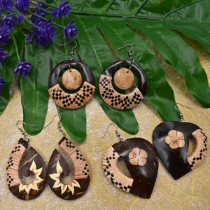 New Fashion Earring Handmade Carved Coconut Shell Jewelry Braided Rattan Straw Drop Earrings For Women