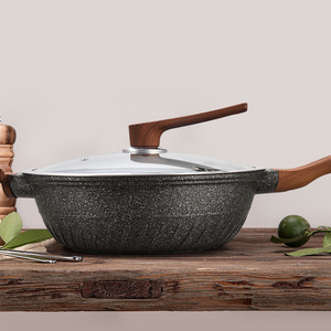 Maifan Stone Wok Round Non Stick Frying Pan With Lid For Household Kitchen Use - Product Image 1