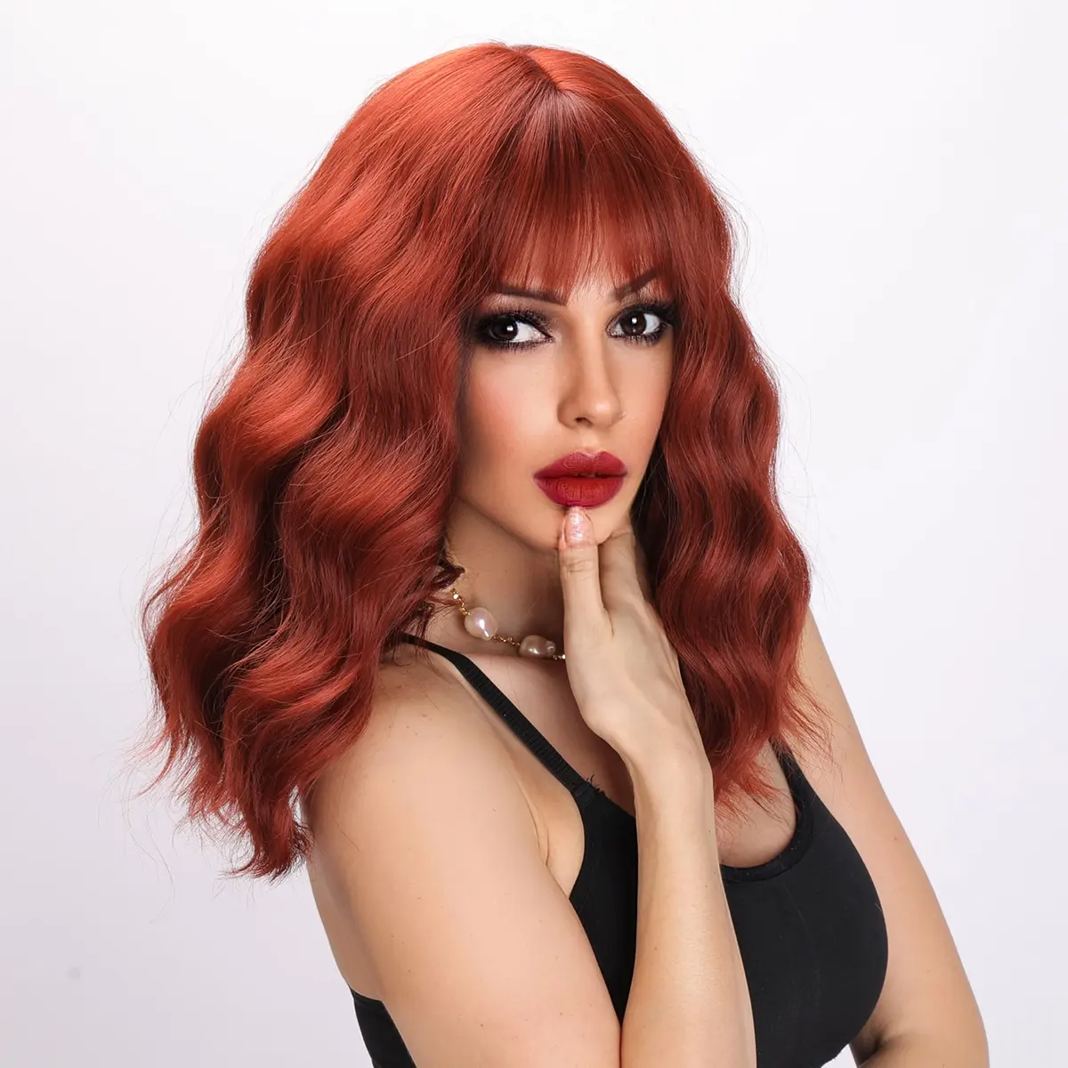 SMILCO European and American fashion wigs  red brown wavy curly hair  women's bangs wig Party supplies