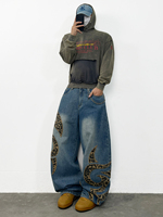 Jean Bootcut Homme Ample Délavé Coupe Large Brodé Vintage Baggy Denim Streetwear Imprimé Motif