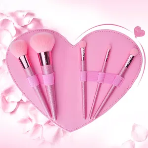 Bộ Quà Tặng Trang Điểm Ngày Lễ Tình Nhân Pink Damsel Heart Brushes Trang Điểm Bling Lấp Lánh Kem Nền Mỹ Phẩm Cọ Với Túi Da