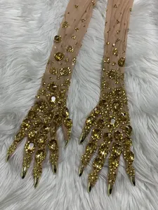 Guanti Lunghi in Rete con Strass Dorati, Accessori Scintillanti per Feste in Discoteca, Spettacoli sul Palco, per <span class=keywords><strong>Donne</strong></span>, Cantanti e Ballerine - Product Image 1