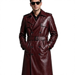 Manteau long en cuir véritable pour homme, col à revers, double boutonnage, avec ceinture, coupe classique - Product Image 1