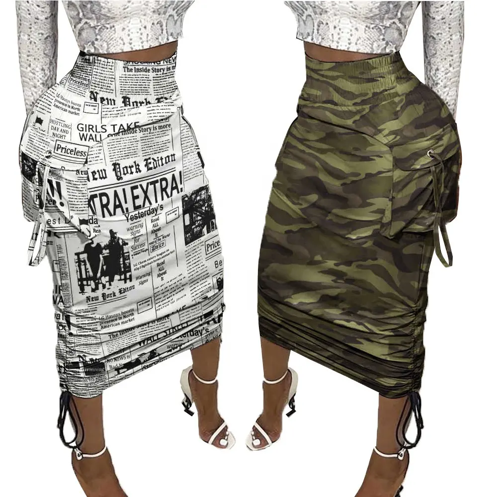 women's army green and white newspaper printed pure color high waist pleated tie newspaper pencil skirt