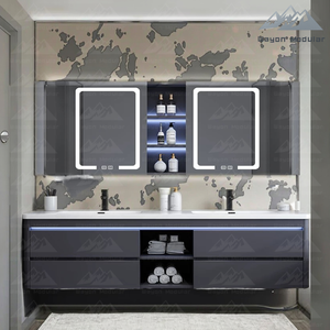 Mobile da <span class=keywords><strong>Bagno</strong></span> Sospeso Moderno Wayon con Doppio Lavabo e Specchiera Contenitore a LED in Compensato Impermeabile Certificato CE Modello WW-YSG - Product Image 2