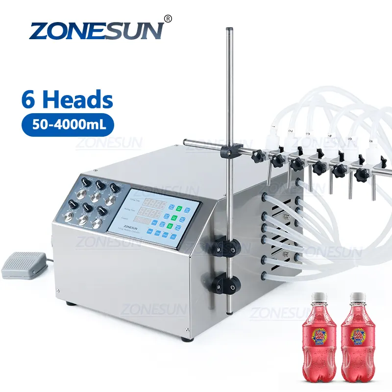 ZONESUN-botella pequeña semiautomática de 6 cabezales, Perfume, agua, zumo, aceite, cosméticos, máquina de llenado de líquido para bebidas