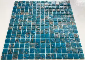Customized Blue Color Full Body Glass Swimming Pool Mosaic Tile Square Shape With Glossy Surface For Indoor Interior Walls