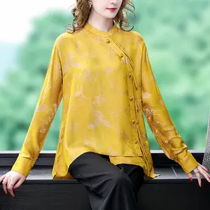 Sarı baskılı simüle ipek gömlek kadın retro çin tarzı düğme ulusal trendy ulusal tarzı üst