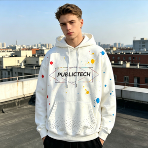 Customization Street wear Heat Transfer Printing Hoodie OEM White Fashion Rhinestone Graphics Men's Hoodie with Paint Splatter - Product Image 3