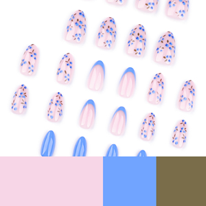 Juego de 24 <span class=keywords><strong>Uñas</strong></span> Acrílicas 3711 con Diseño Floral Azul y <span class=keywords><strong>Rosa</strong></span>, con Puntas Doradas, <span class=keywords><strong>Uñas</strong></span> Postizas Cortas con Forma de Almendra, <span class=keywords><strong>Uñas</strong></span> Francesas - Product Image 3