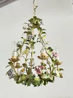 Feuilles vertes Lustre en tole italien antique Plafonnier en métal Fleurs Bougie Lampe