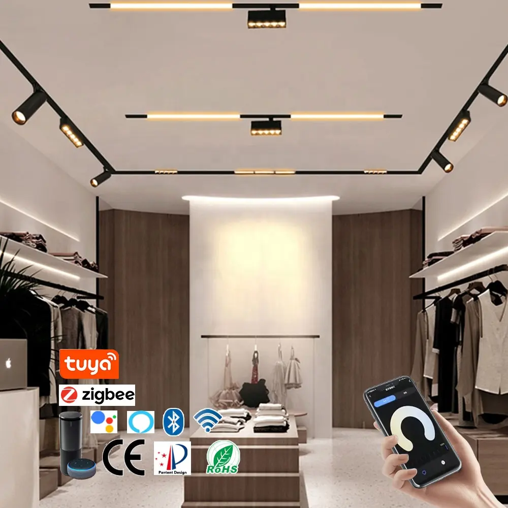 Kontrol Aplikasi Ponsel Pintar Jalur Pemasangan Permukaan Peredupan, Lampu Rel Magnetik, Lampu Gantung, Sistem Kabel Jalur LED