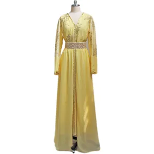 Plus Size Middle East New Embroidered Chiffon Yellow V-Neck Dress Muslim Traditional Dresses Dresses