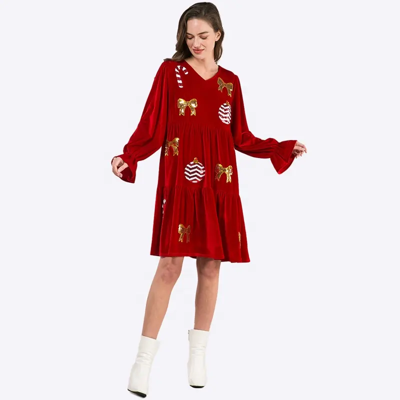 卸売カスタマイズドレス女性のクリスマスVネックバブルスリーブ巾着パッチワークミディカジュアルドレス女性のドレス