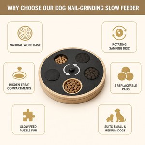 Hunde-Nagelschleifer mit langsamer Futterausgabe, rotierender Schleifscheibe, Naturholzsockel, Leckerli-Fächer, Puzzle-Spielzeug, moderner Sportkarton - Product Image 3