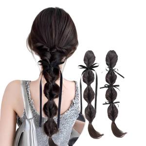 Queue de cheval tressée à nœuds avec ruban, en fibre haute température, 140g, Style 1, avec nœud pour un coiffage facile - Product Image 2