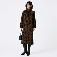 Rok Midi Wanita Hamil Bahan Lembut Pinggang Tinggi Model A-Line Batik Motif Geometris Cokelat Kasual Grosir Musim Panas/Gugur/Dingin 2026
