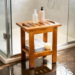 Tabouret de salle de bain en teck Le Rong 35x25.5x37.5cm avec porte-chaussures pour usage intérieur et extérieur - Product Image 2