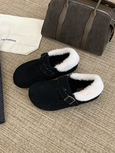 Mules vintage tissées à semelle épaisse et bout fermé pour <span class=keywords><strong>femme</strong></span>, nouveau style automne-hiver 2025, à enfiler avec boucle pour extérieur, en daim - Product Image 5