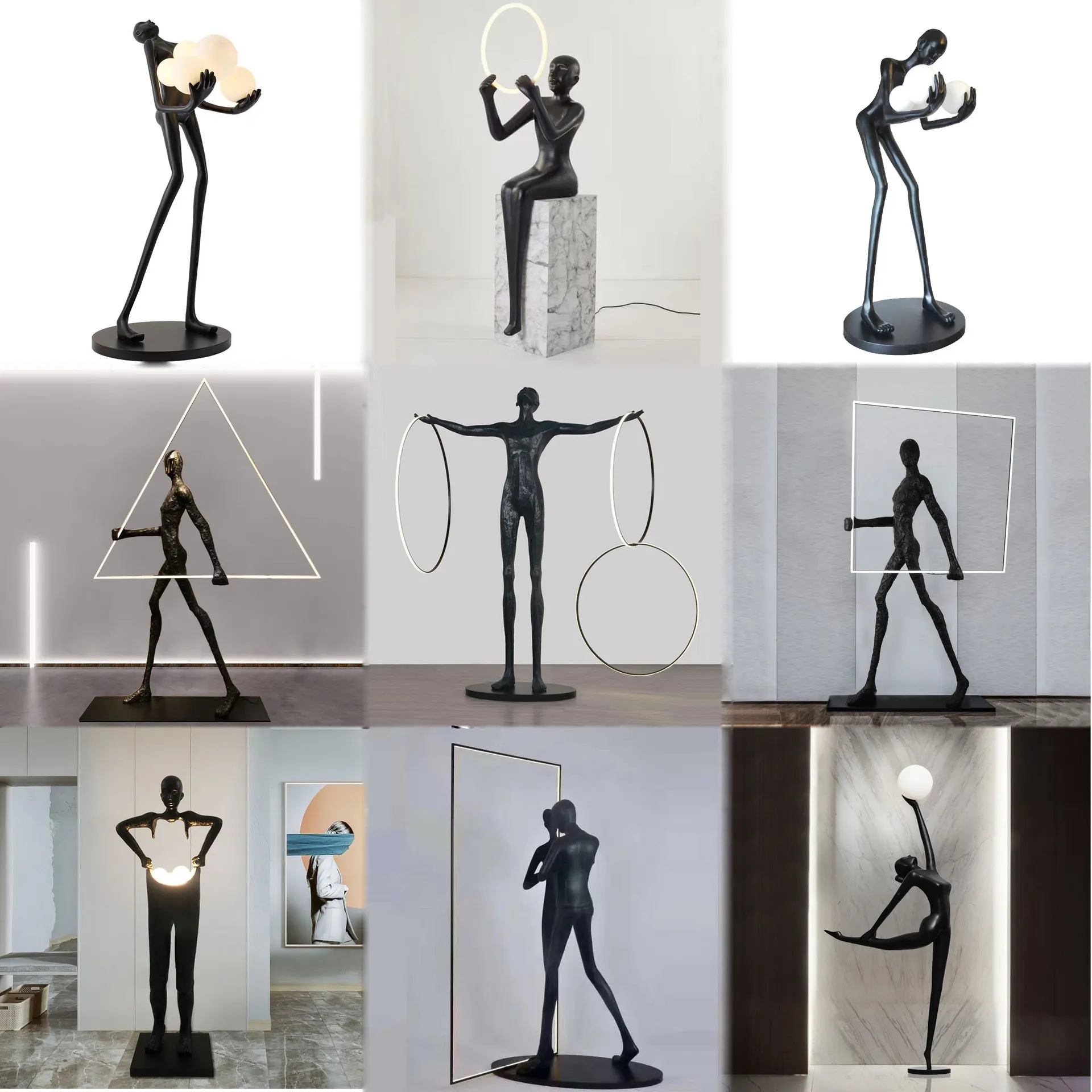 Popular Modern Creative Standing Light Sculpture Resin Black Body Holding Balls LED Floor lamp For Living Room Decor