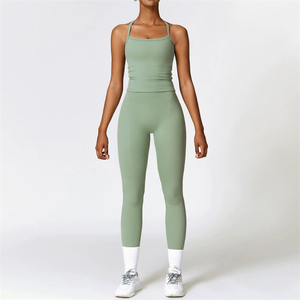 Conjunto Deportivo de 2 Piezas para Yoga, Top Deportivo sin Costuras y Leggings de Cintura Alta para <span class=keywords><strong>Mujer</strong></span>, Venta al por Mayor - Product Image 3