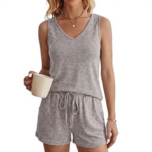 Women Gray O-Neck Sleeveless Breathable Knitted Tank Top Drawstring Shorts Set Casual Regular Fit Floral Print Solid Color - Product Image 1