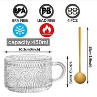 Tasses à café en verre vintage 14 oz ensemble de 2 tasses à thé en relief transparent, tasses à café en verre pour cappuccino, latte, céréales, yaourt, bière