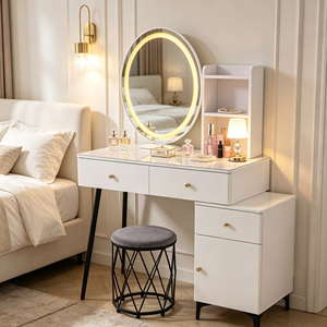 Modern Minimalist Solid Wood Makeup <b>Vanity</b> Lighted Oval Mirror Storage Drawers Stool Dressing <b>Table</b> White Customizable Design - Product Image 5