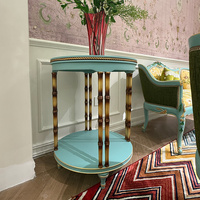 Table d'appoint d'angle ronde à 2 niveaux en bambou, style Chinoiserie Holly Wood Regency, avec couronne florale botanique peinte à la main
