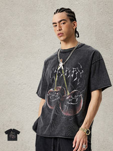 T-shirt vintage personnalisé à motif cerise délavé pour homme, coupe oversize streetwear à manches courtes, imprimé numérique, mode décontractée estivale - Product Image 2