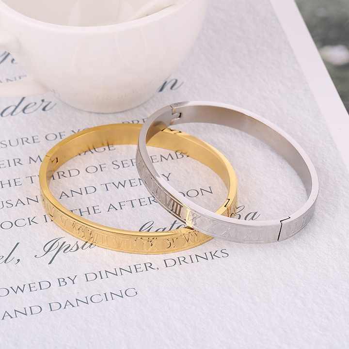 Roman Numeral Stainless Steel Bangle Bracelet - Couples Valentine Gift