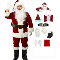 Ensemble de costume de cosplay de Père Noël en velours grande taille pour homme avec barbe, perruque et sac à bonbons pour se déguiser, accessoires de costume de fête pour femme