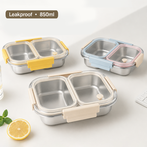 Leakproof Stainless Steel Lunch Box 850ml Double Compartment Food <b>Container</b> with <b>Plastic</b> <b>Lid</b> for Office School - Product Image 1