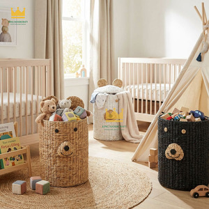Handmade Modern Water Hyacinth Bear <b>Basket</b> with <b>Handles</b> <b>Wicker</b> Cute Animal Storage Nursery Organizer for Baby Room Bathroom - Product Image 3