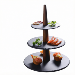 Ensemble de plateaux de service ronds à trois niveaux avec support en bois, design minimaliste, assiettes en pierre noire solide pour les plats de fête - Product Image 1