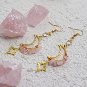 Natural rosa quartzo cristal brincos s925 pin lua e estrela forma moda mulheres cristal brinco