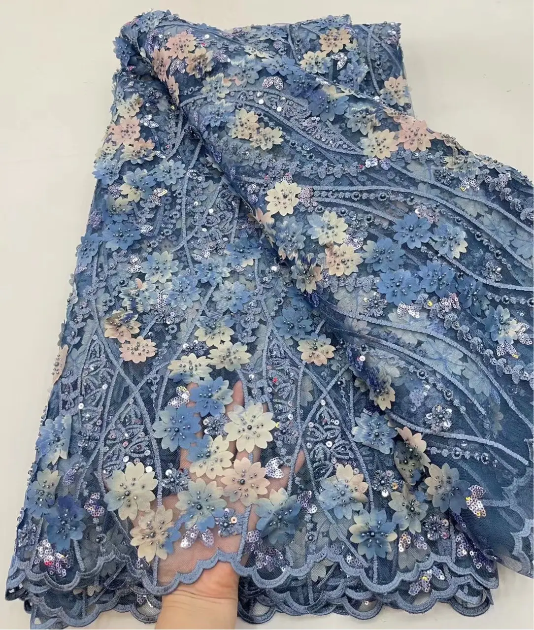 3D flower bead Sequin embroidery lace fabric for Fine dress water ripple wedding ripple modern blue dress