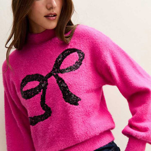 เสื้อสเวตเตอร์ครอปคอสูงแฟชั่นใหม่สำหรับผู้หญิง ตกแต่งด้วยโบว์ริบบิ้นปักเลื่อมแบบ OEM สั่งทำได้ - Product Image 2