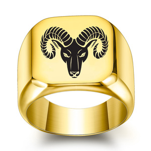 Ram Head Engraved Stainless Steel <b>Ring</b> 18MM Square Unisex Fashion Jewelry Gift - Product Image 1