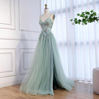 Robe de soirée et de bal Serene Hill LA73556 Dubai vert sauge à fines bretelles, coupe trapèze, ornée de perles pour femme 2026