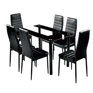 Best Choice table salle a manger Kitchen Dining Table Set with One Glass Top Table and 6 Black Leather Chairs